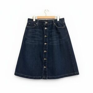 Tommy Hilfiger Denim Skirt Button Front Dark Wash A Line‎ Embroidered Pockets 14